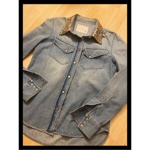 R13 Denim Shirt with Snakeskin Collar